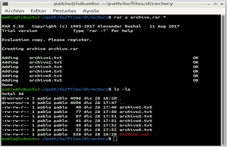 Pantalla de terminal de Linux con comando rar para comprimir archivos