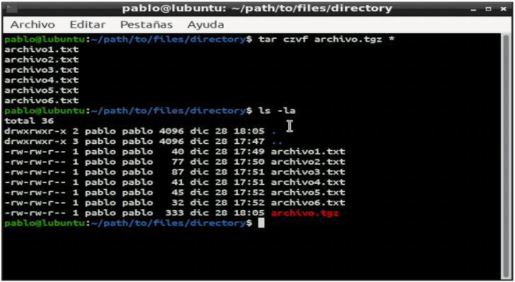 Pantalla de terminal de Linux con comando tar con gzip para comprimir archivos tgz