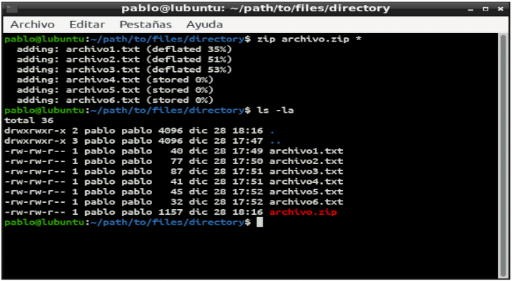 Pantalla de terminal de Linux con comando zip para comprimir archivos