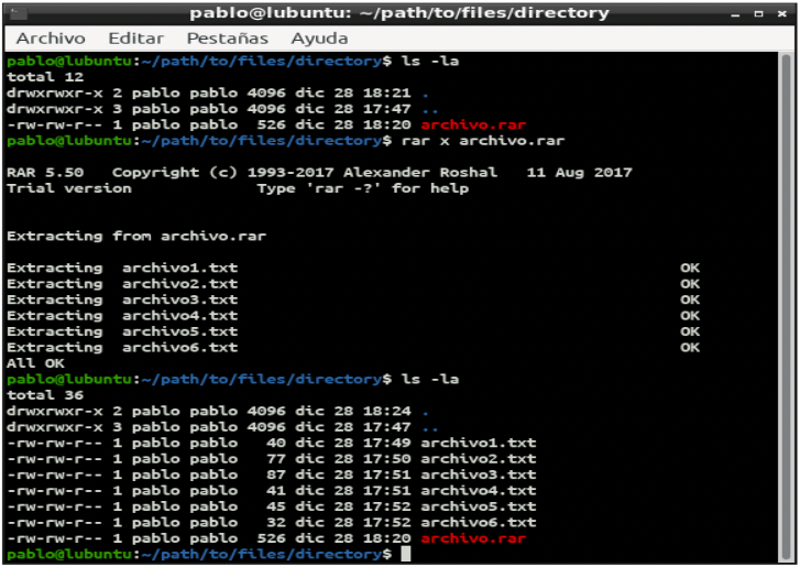 Pantalla de terminal de Linux con comando rar para descomprimir archivos
