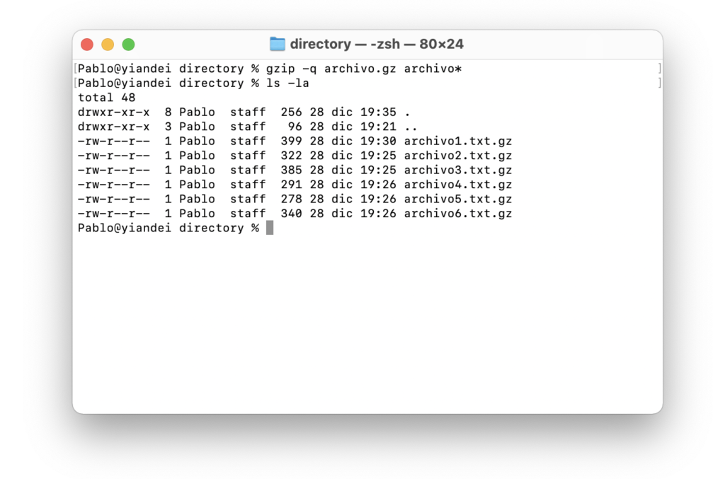 Pantalla de comando gzip para comprimir archivos gz en terminal de Mac