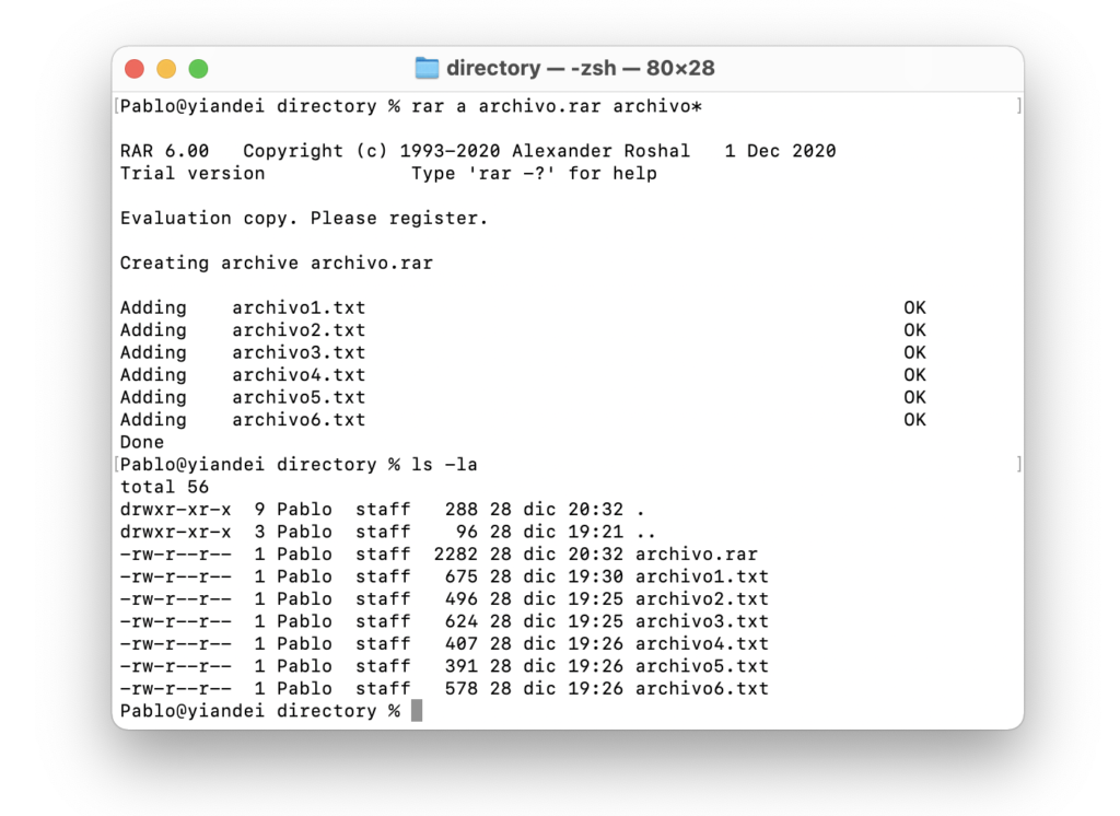 Pantalla de comando rar para comprimir archivos en terminal de Mac