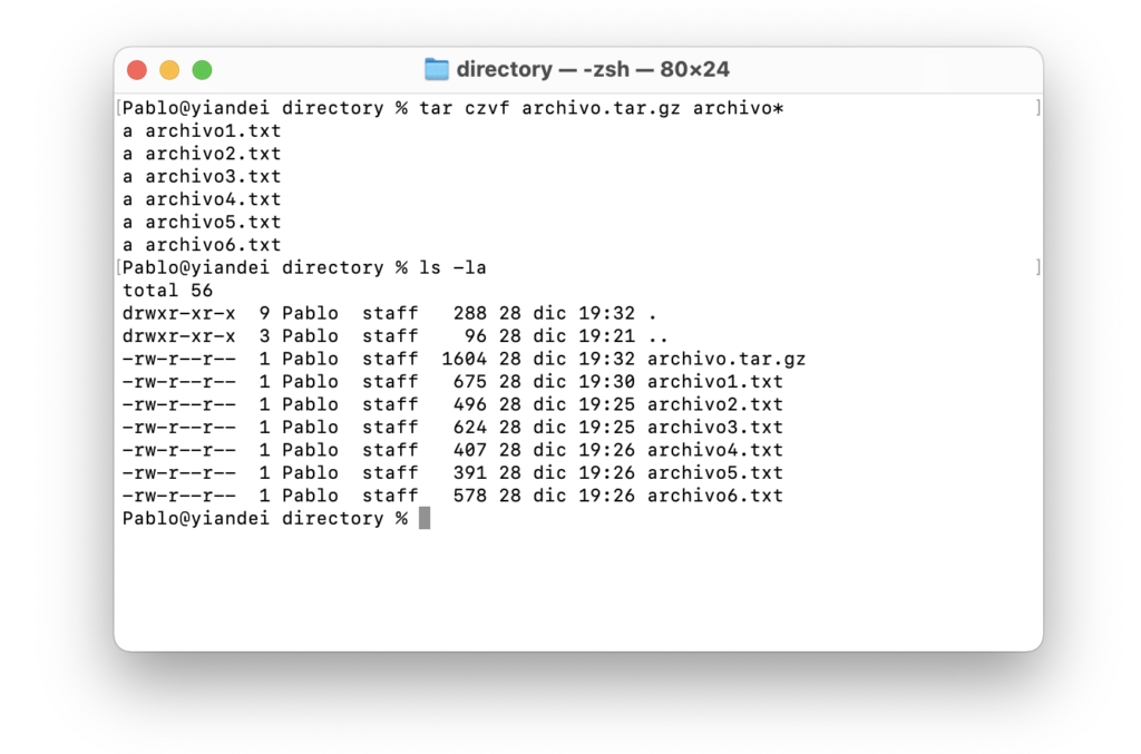 Pantalla de comando tar con gzip para comprimir archivos tar.gz en terminal de Mac