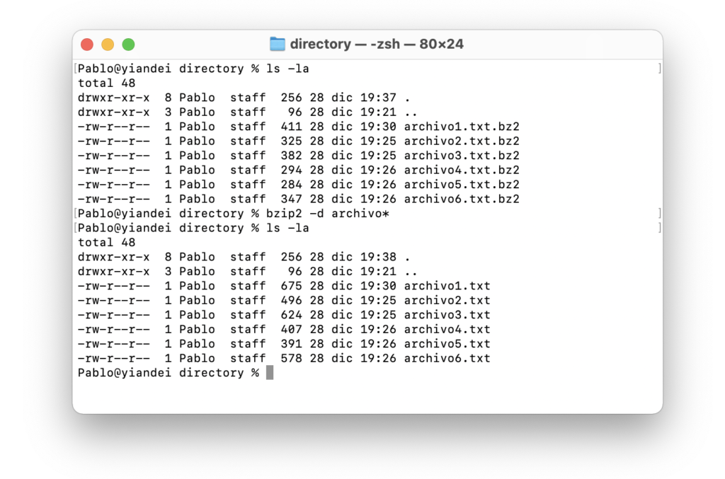 Pantalla de comando bzip2 para descomprimir archivo bz2 en terminal de Mac