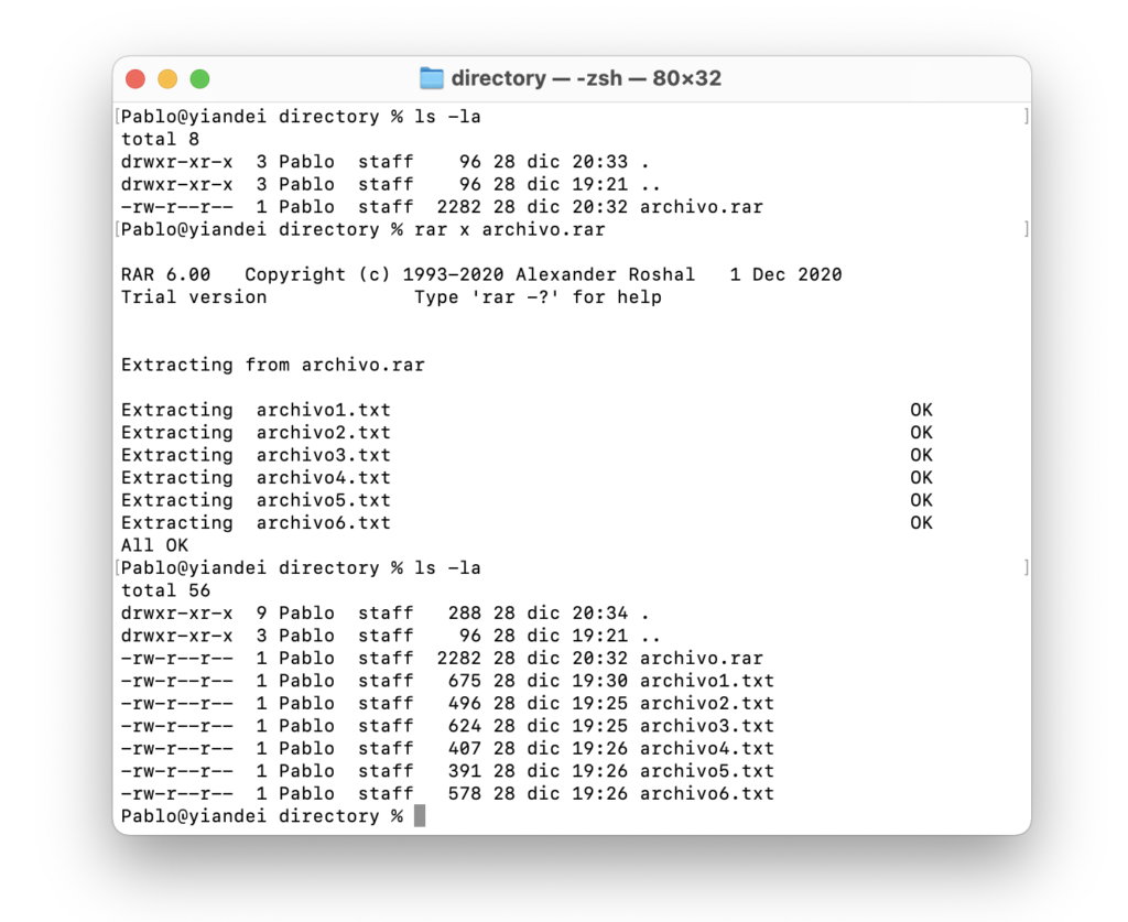 Pantalla de comando rar para descomprimir archivo en terminal de Mac