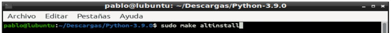 Pantalla de terminal de Linux con comando para la instalación del código fuente de Python 3compilado