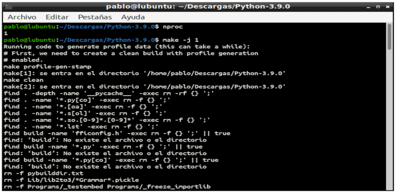 Pantalla de terminal de Linux con comando para compilación del código fuente de Python 3