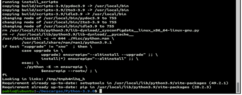 Pantalla de terminal de Linux con la finalización de la instalación del código fuente de Python 3