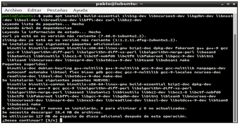 Pantalla de terminal de Linux con instalación de paquetes necesarios para instalar Python 3
