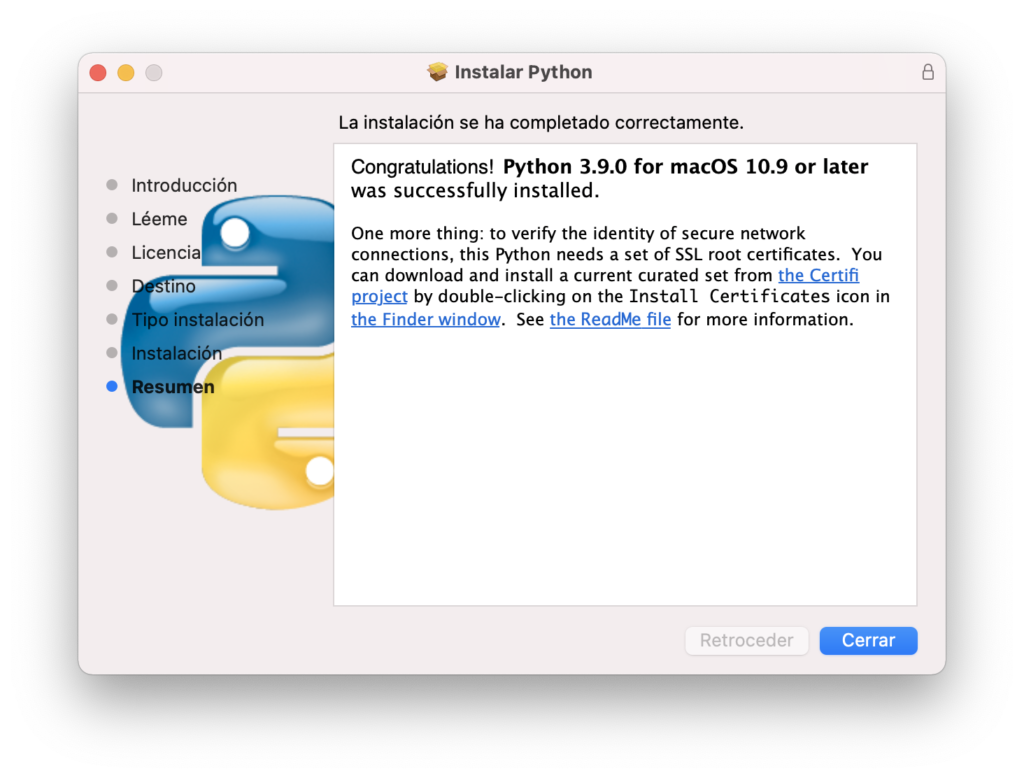 Pantalla de resumen en el instalador de Python 3 en Mac OSX