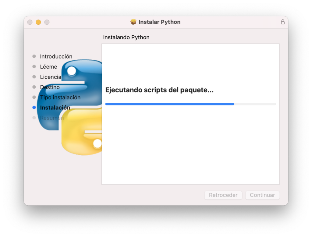 Pantalla de progreso del instalador de Python 3 en Mac OSX