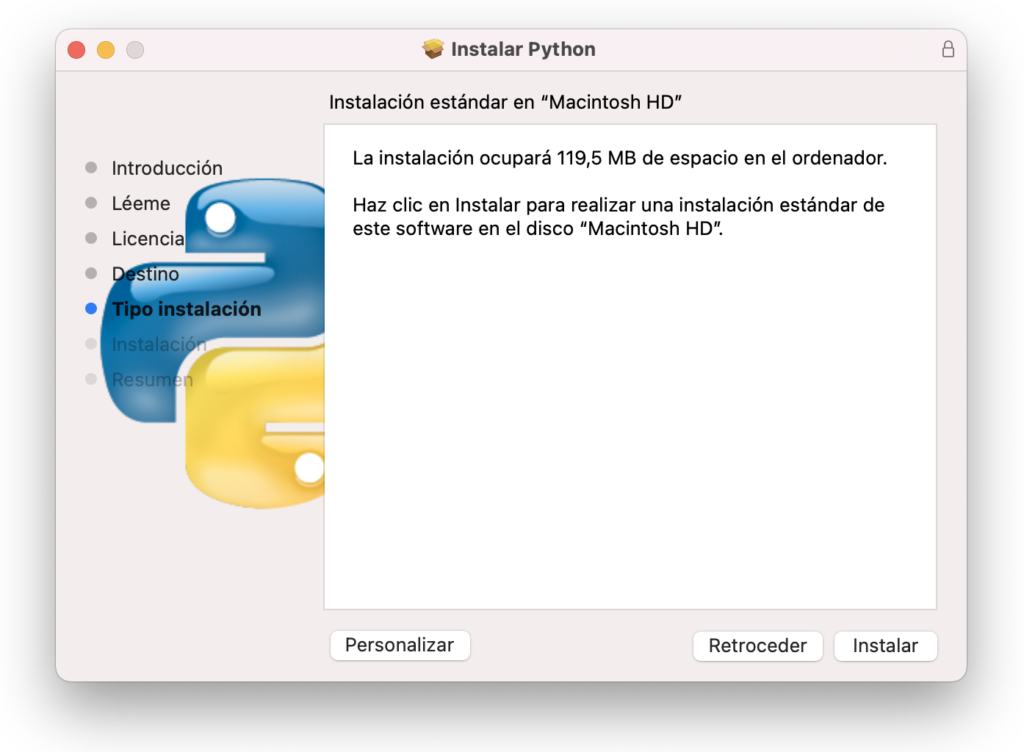 Pantalla del tipo de instalación en el instalador de Python 3 en Mac OSX