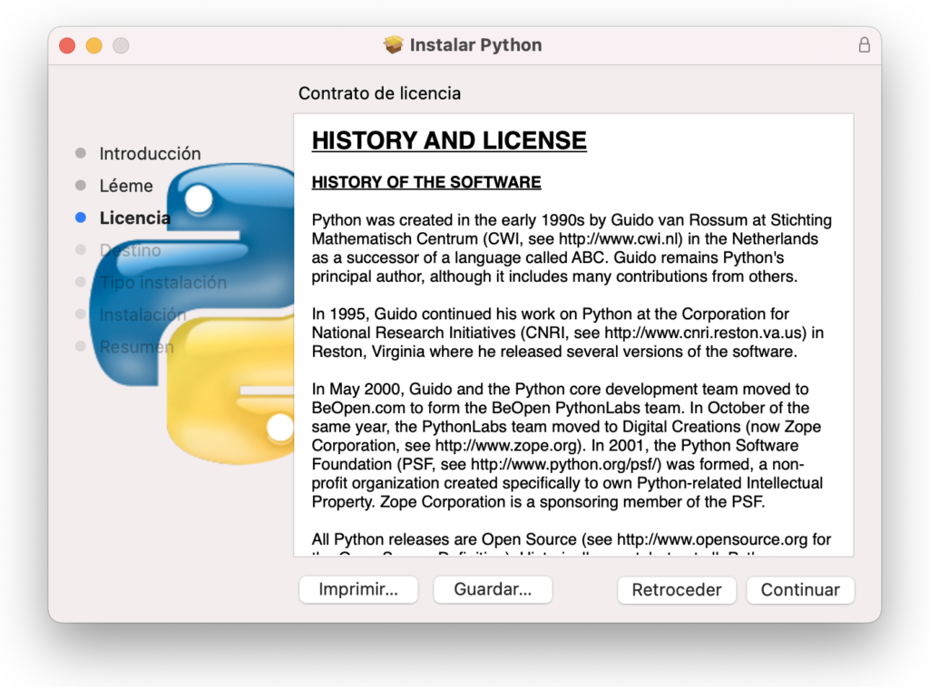 Pantalla de licencia en el instalador de Python 3 en Mac OSX