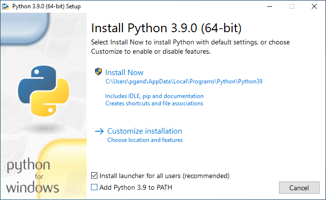 Pantalla de inicio en el instalador de Python 3 en Windows