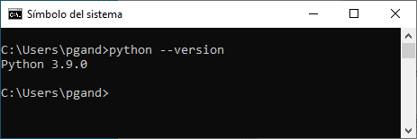 Pantalla de terminal de Windows con comando para comprobar la versión de Python 3 instalada