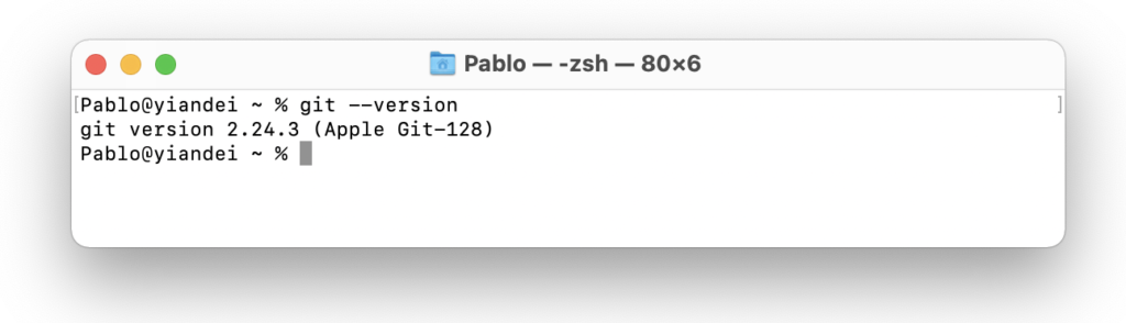Pantalla terminal mac con comando 'git --version'
