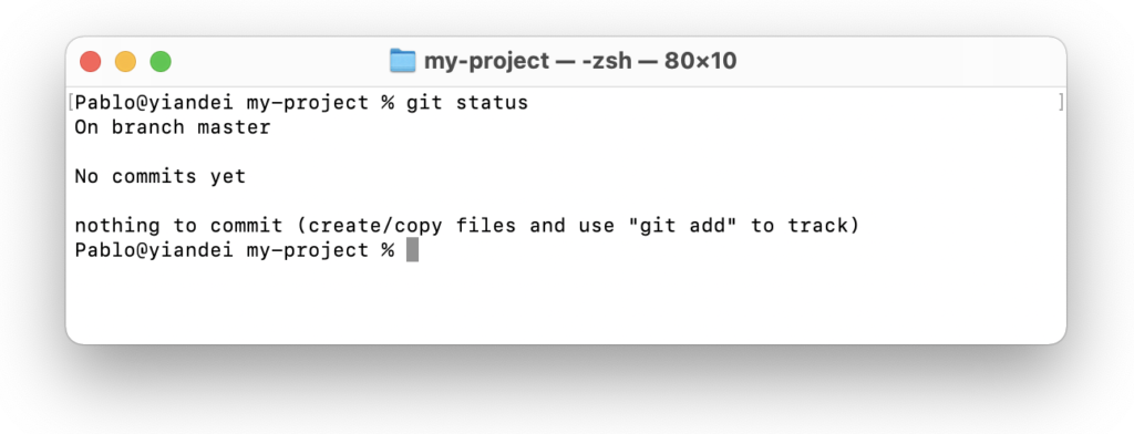 Pantalla de terminal de mac con comando 'git status'