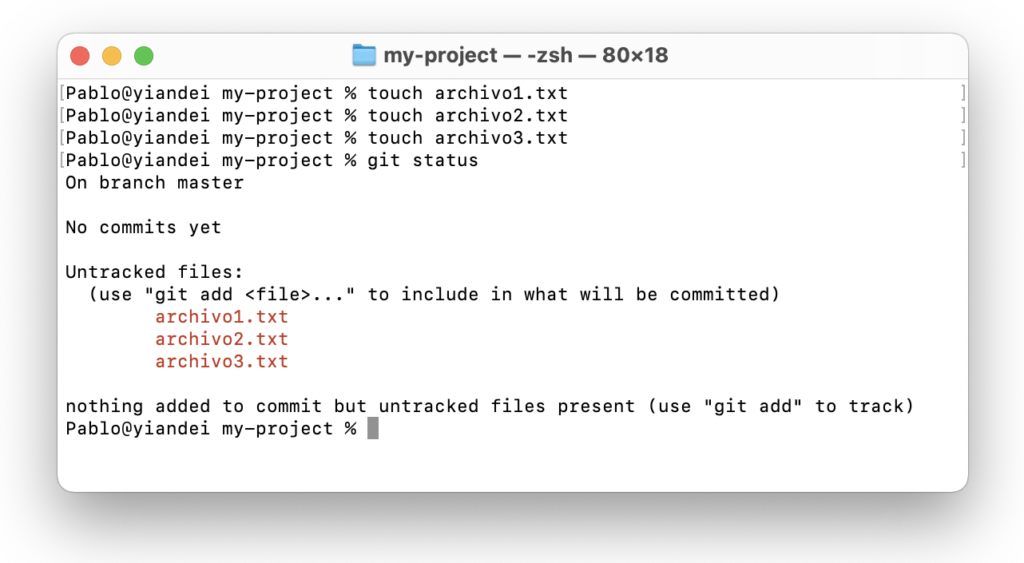 Pantalla de terminal de mac con comandos para crear nuevos archivos en el repositorio git