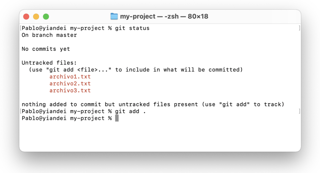 Pantalla de terminal de mac con comando 'git add' para añadir los nuevos archivos creados