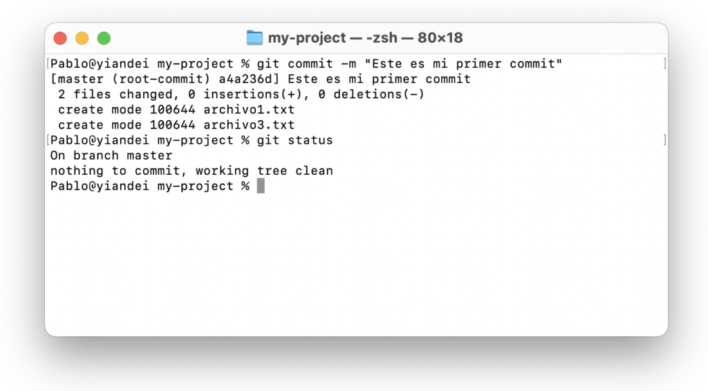 Pantalla de terminal de mac con comando 'git commit'