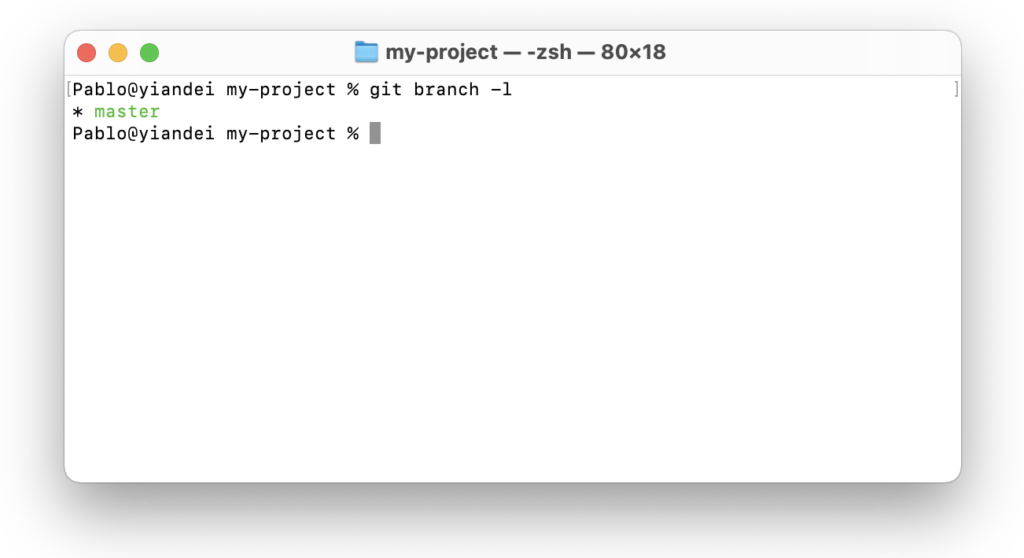 Pantalla de terminal de mac con comando 'git branch -l'