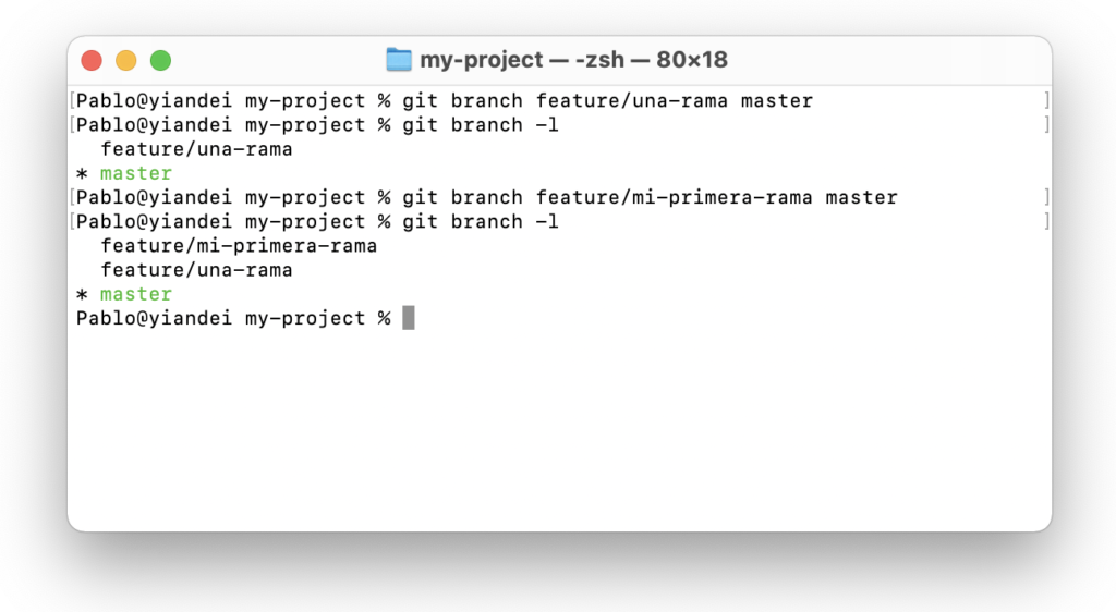 Pantalla de terminal de mac con comando 'git branch'