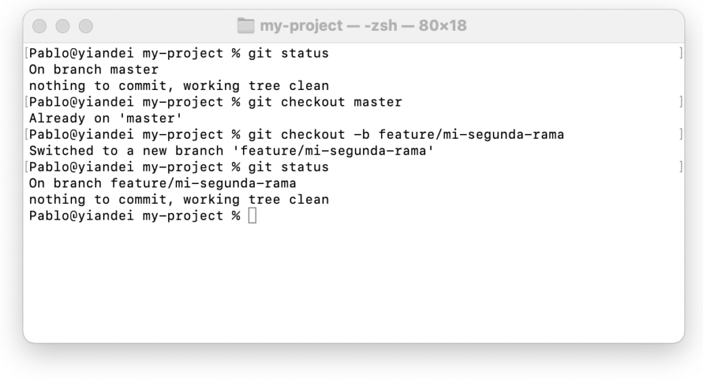 Pantalla de terminal de mac con comando 'git checkout'