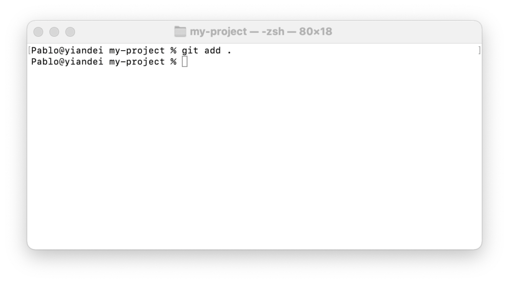 Pantalla de terminal de mac con comando 'git add'
