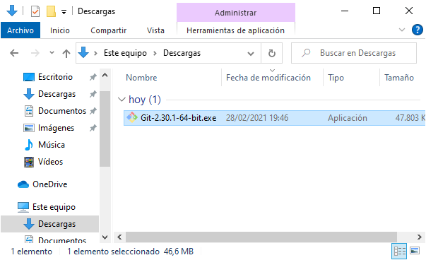 Pantalla del administrador de archivos de Windows con instalador de Git descargado