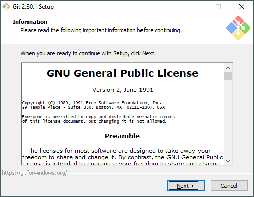 Pantalla inicial del instalador de Git para Windows con licencia del producto