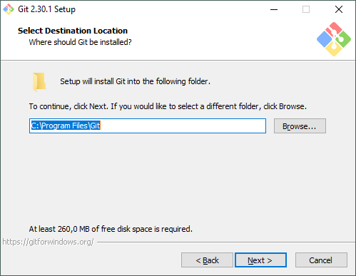 Pantalla del instalador de Git para Windows donde seleccionar directorio donde instalarlo