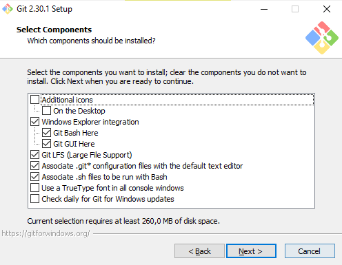 Pantalla del instalador de Git para Windows donde seleccionar los componentes a instalar