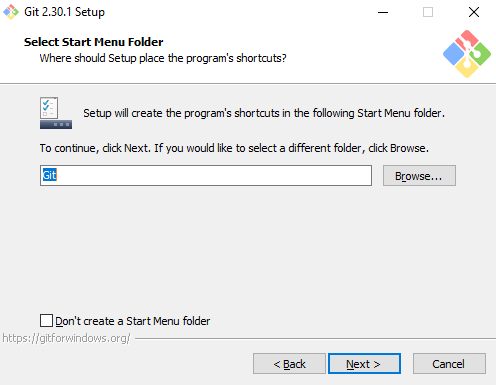 Pantalla del instalador de Git para Windows donde seleccionar la carpeta del menú de inicio