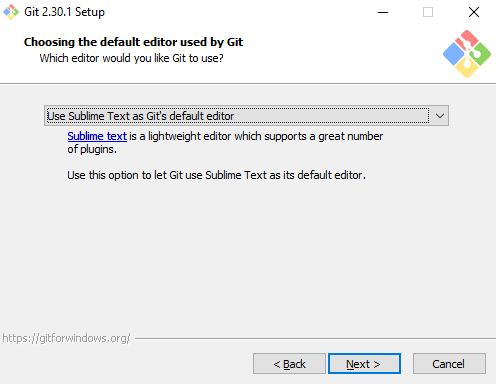 Pantalla del instalador de Git para Windows donde seleccionar el programa de edición de texto a utilizar