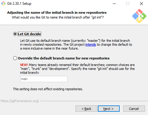 Pantalla del instalador de Git para Windows donde seleccionar cual será la rama inicial al crear un nuevo repositorio