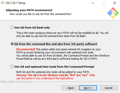 Pantalla del instalador de Git para Windows donde seleccionar desde donde se utilizará el programa