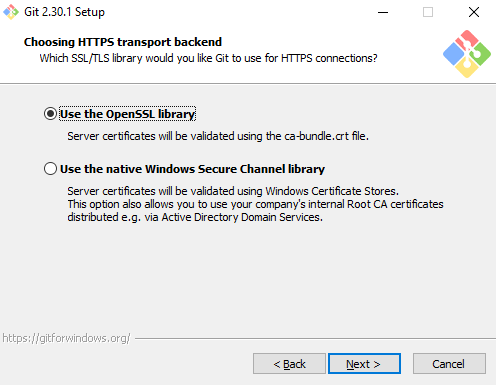 Pantalla del instalador de Git para Windows donde seleccionar la librería SSL/TLS a utilizar