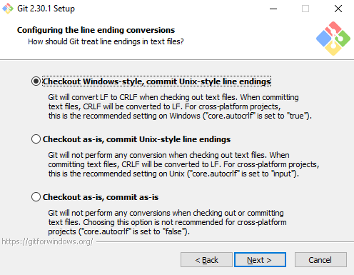 Pantalla del instalador de Git para Windows donde seleccionar el formato de final de línea a utilizar