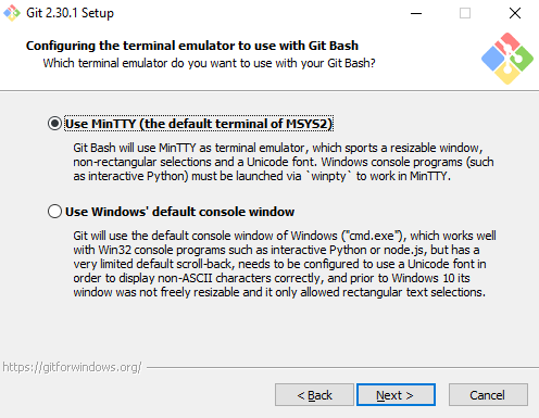 Pantalla del instalador de Git para Windows donde seleccionar el emulador de terminal a utilizar