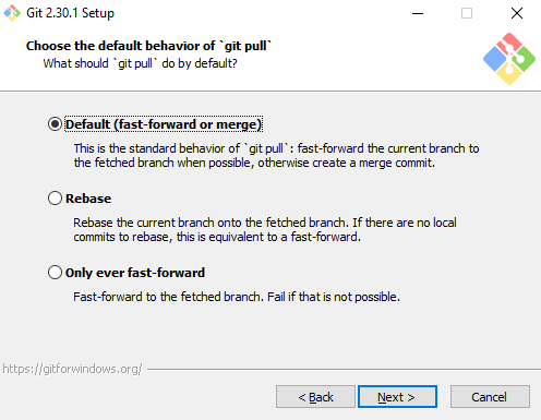 Pantalla del instalador de Git para Windows donde seleccionar el comportamiento por defecto de 'git pull'