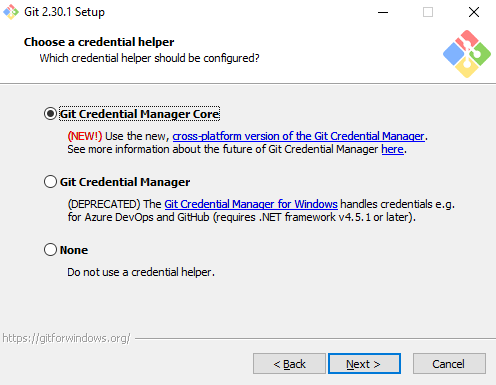 Pantalla del instalador de Git para Windows donde seleccionar el gestor de credenciales a utilizar