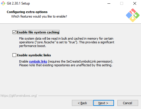 Pantalla del instalador de Git para Windows donde seleccionar opciones extra a instalar