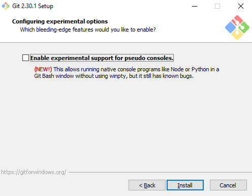 Pantalla del instalador de Git para Windows donde activar la utilización de opciones experimentales