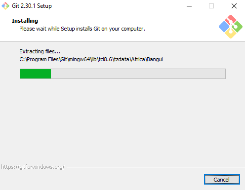 Pantalla del instalador de Git para Windows con el progreso de la instalación