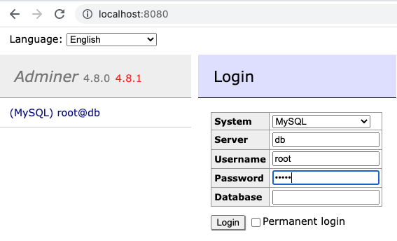Docker MySQL Adminer Login