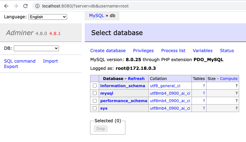 Docker MySQL Adminer select database