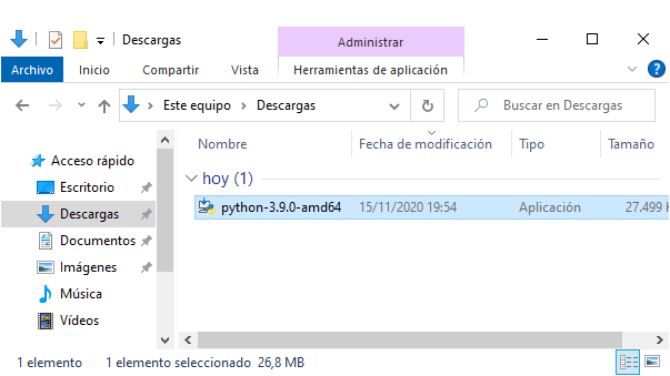 Pantalla del administrador de archivos de Windows con el paquete de Python 3 descargado